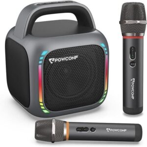 POWCONF Portable Karaoke Speaker with 2 Wireless Mics - Grey 40% off